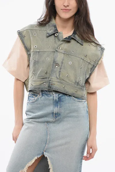 Rick Owens Denim Cropped Jacket With Laces In Blue