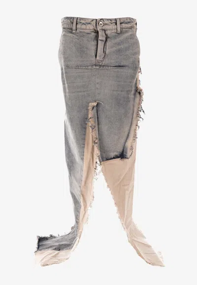 Rick Owens Denim Frayed-panel Skirt In Light Blue