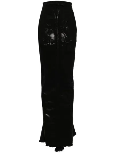 Rick Owens Denim Maxi Skirt With Metallic Finish In Black