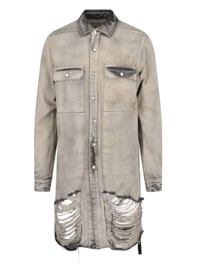 RICK OWENS DENIM SHIRT MINERAL FRINGED