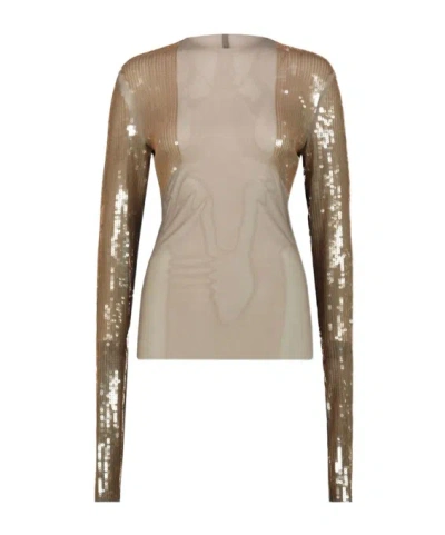 Rick Owens Beige Embellished Round Neck Top In Brown