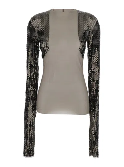 Rick Owens Dennis Grey Cropped T-shirt With Long Sequin Sleeves In Tech Fabric Stretch Woman In Gray