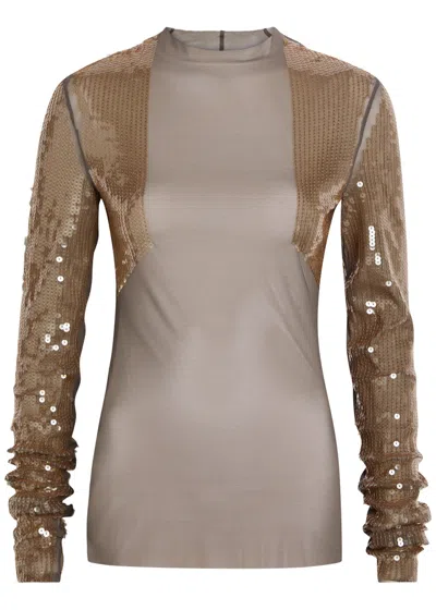 Rick Owens Dennis Sequin-embellished Stretch-mesh Top In Brown