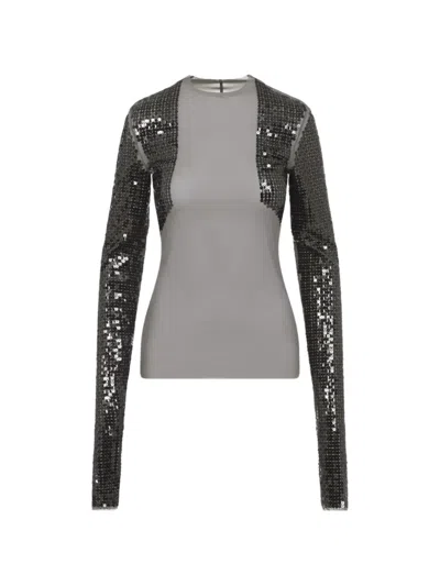Rick Owens Dennis Grey Cropped T-shirt With Long Sequin Sleeves In Tech Fabric Stretch Woman In Gray