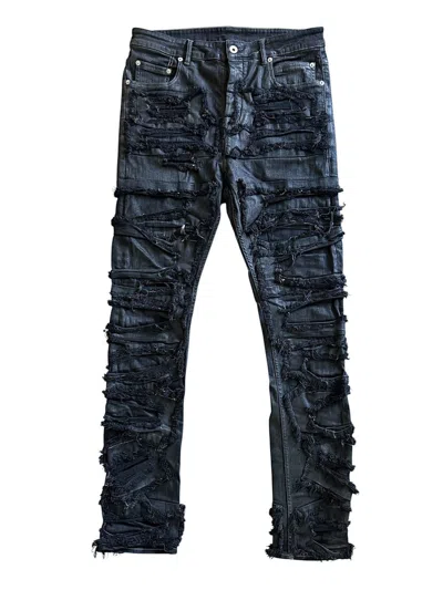 Pre-owned Rick Owens Detroit Cut Distressed Black Denim Skinny Jeans