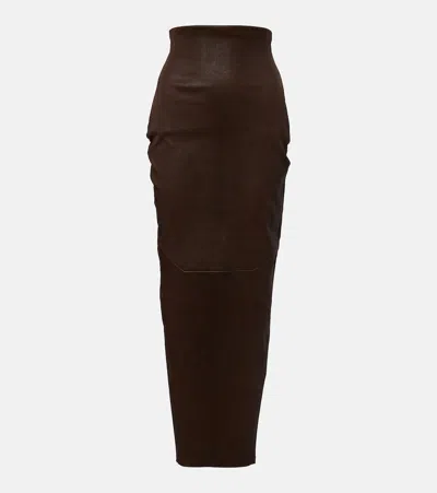 Rick Owens Dirt Pillar Leather And Cotton Midi Skirt In Brown