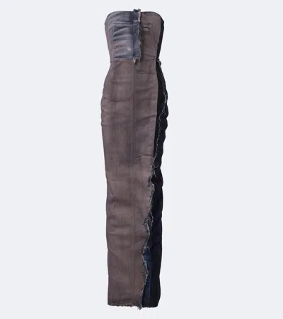 Rick Owens Distressed Denim Bustier Gown In Pink