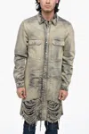 Rick Owens Distressed Denim Overshirt With Fringed Hem In Grey
