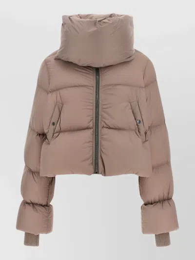 Rick Owens Cropped Nylon With Funnel Neck Down Jacket In Neutral