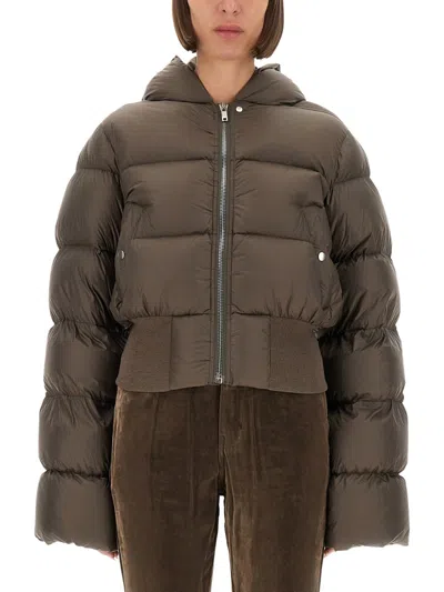 Rick Owens Hooded Light Nylon Down Bomber Jacket In Brown