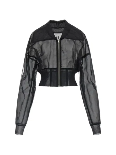 Rick Owens Sheer Cropped Bomber Jacket Long Sleeves In Black