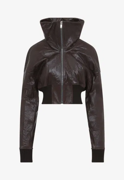 Rick Owens Dracuflight Cropped Bomber Jacket In Tumbled Leather In Brown
