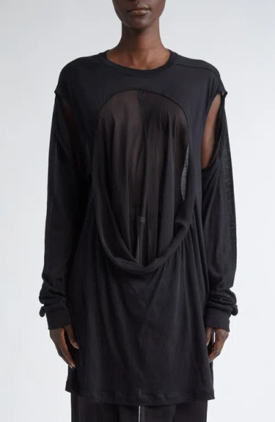 Rick Owens Drain Cutout Cotton & Silk Chiffon T-shirt In Black/black