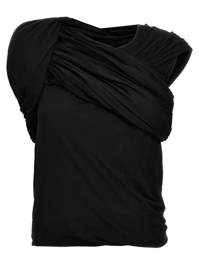 RICK OWENS RICK OWENS DRAPED BLACK COTTON TOP WITH DESIGN