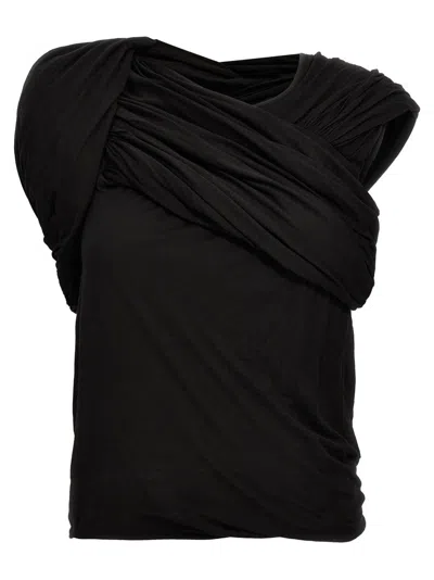 RICK OWENS DRAPED BLACK COTTON TOP WITH DESIGN