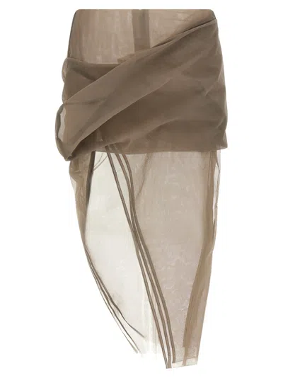 Rick Owens Asymmetric Draped Sheer Tulle Midi Skirt In Gray