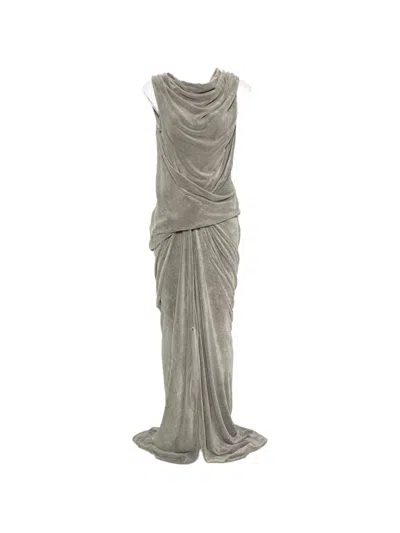 Rick Owens Silk Velvet Draped Cowl Neck Sleeveless Gown In Gray