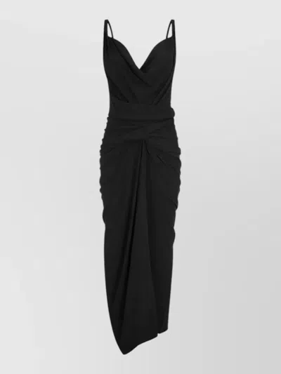 Rick Owens Draped Midi Dress With Sweetheart Neckline And Asymmetrical Hemline In Black