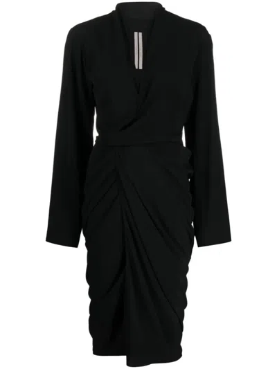 Rick Owens Draped Midi Dress With Deep V-neckline In Black