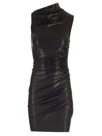 Rick Owens Womens Black Asymmetric-neck Slim-fit Leather Mini Dress