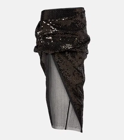 Rick Owens Draped Sequined Denim Midi Skirt In Black