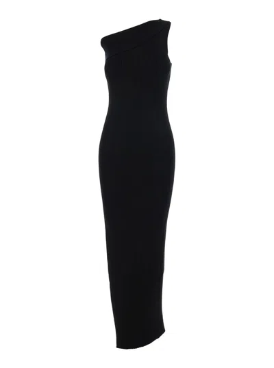 RICK OWENS 'ATHENA' BLACK LONG ONE-SHOULDER DRESS IN RIBBED KNIT WOMAN