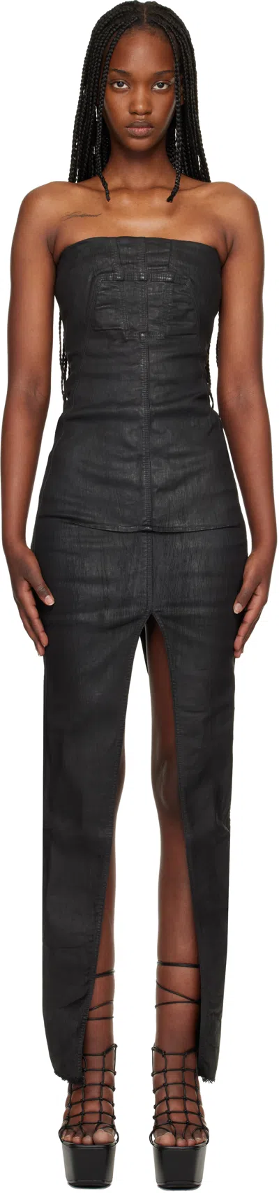 Rick Owens Drkshdw Black Temple Sliced Bustier Denim Maxi Dress