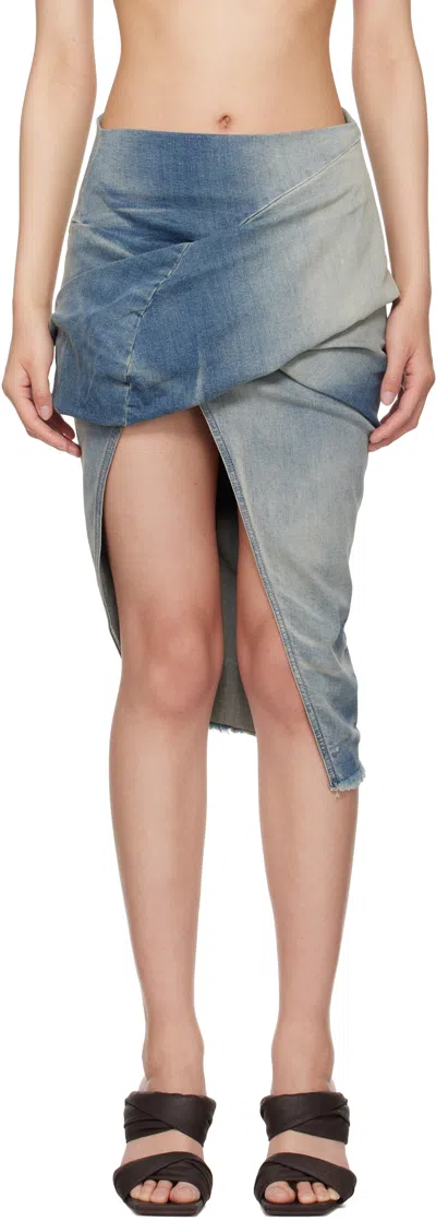 RICK OWENS DRKSHDW BLUE HOLLYWOOD LOW TWIST DENIM MIDI SKIRT