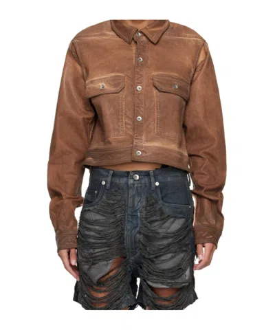Rick Owens Drkshdw Brown Cape Sleeve Cropped Denim Jacket In 54 Henna Brown