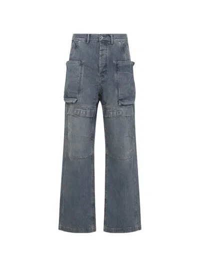 Rick Owens Drkshdw Cotton Belt Loops Pants With Multiple Flap Pockets And Button Closure In Blue
