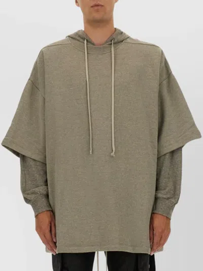 Rick Owens Drkshdw Hooded Sweater With Drawstring And Layered Sleeves In Neutral