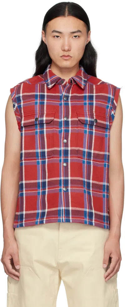 RICK OWENS DRKSHDW RED & NAVY HOLLYWOOD SL CROPPED OUTERSHIRT VEST
