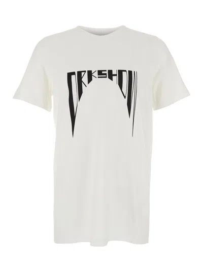RICK OWENS DRKSHDW WHITE CREWNECK T-SHIRT WITH LOGO PRINT ON THE FRONT IN COTTON MAN