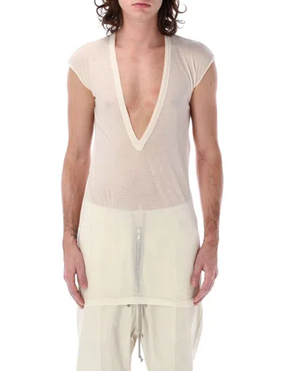 Rick Owens Dylan V-neck T-shirt With Longer Back Hem In Neutrals