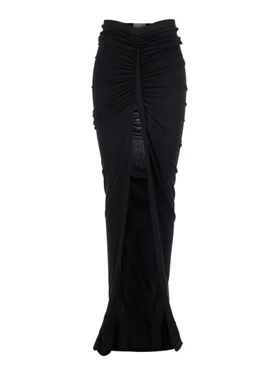 RICK OWENS 'EDFU' BLACK LONG SKIRT WITH DRAPES AND FRONT SLIT IN TECH FABRIC WOMAN