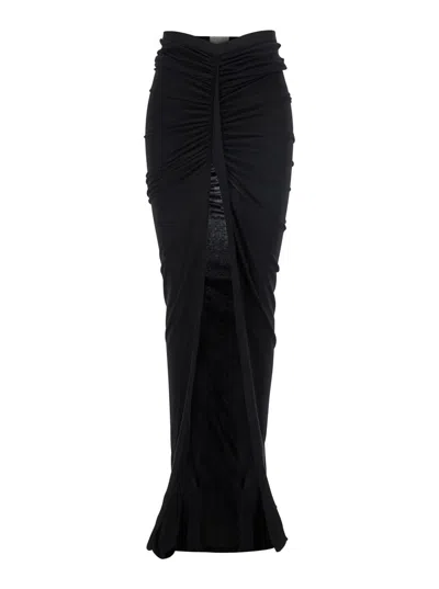 RICK OWENS 'EDFU' BLACK LONG SKIRT WITH DRAPES AND FRONT SLIT IN TECH FABRIC WOMAN