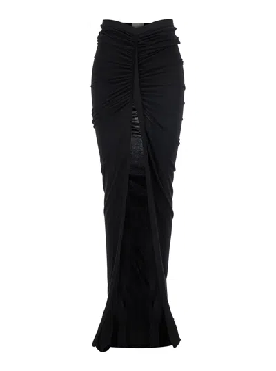Rick Owens 'edfu' Black Long Skirt With Drapes And Front Slit In Tech Fabric Woman