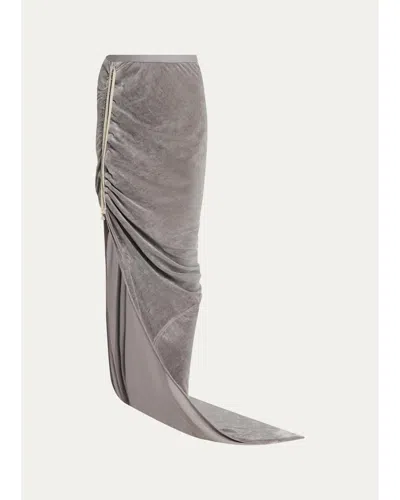 Rick Owens Edfu Ruched Velvet Maxi Skirt In Gray