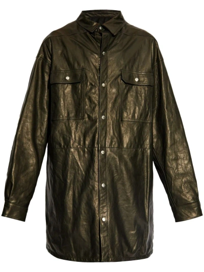 Rick Owens Elongated Leather Shirt-jacket In Green