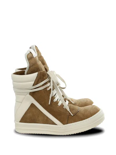 Rick Owens Extended Tongue Suede Sneakers With Geometric Panels For Women In Brown