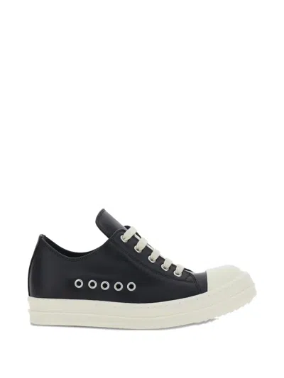 Rick Owens Black Low Top Sneakers With Round Toe In Leather Woman
