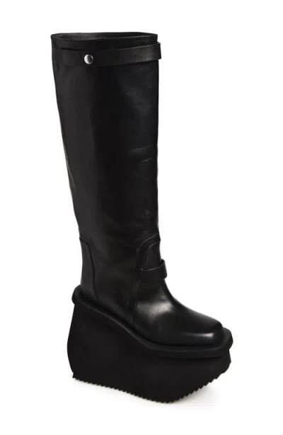 Rick Owens Factory Pull-on Platform Wedge Knee High Boot In Black