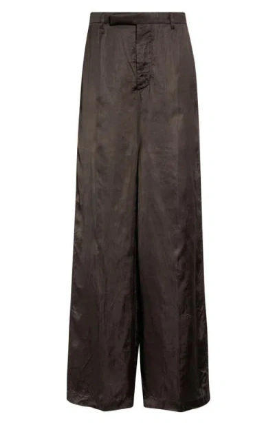 Rick Owens Firbanks High Waist Wide Leg Pleat Front Cupro Satin Pants In Brown