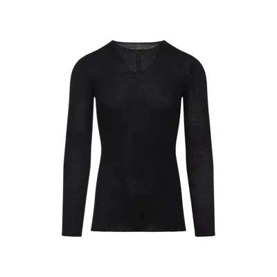 Rick Owens Fitted Black Ribbed Long-sleeved Top With Deep V-neckline