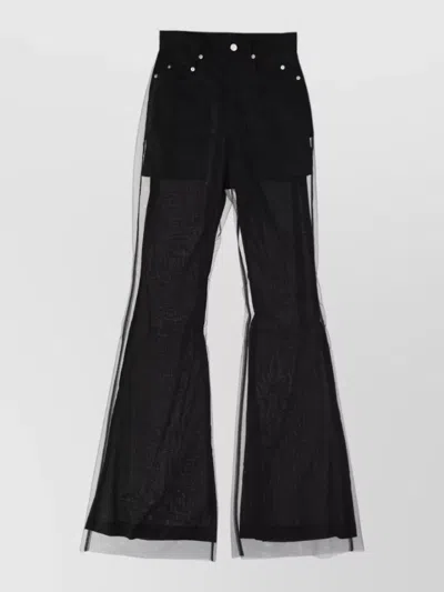 Rick Owens Flared Trousers Sheer Overlay Belt Loops Pockets In Black