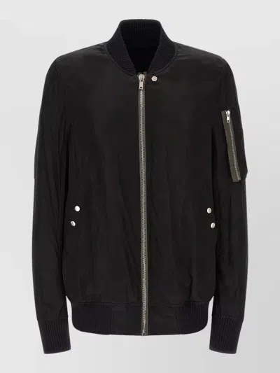 Rick Owens Flight Bomber Jacket Ribbed Collar Pockets In Black