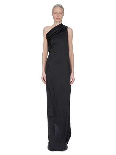 RICK OWENS FLOOR-LENGTH ASYMMETRICAL BLACK CHARMEUSE DRESS