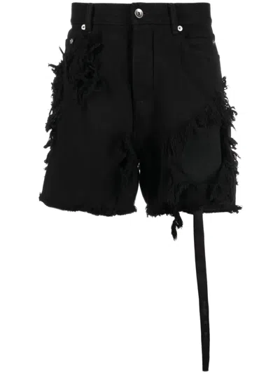 Rick Owens Frayed Distressed Denim Shorts In Black