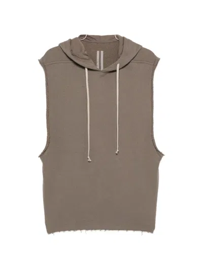 Rick Owens Frayed Hooded Vest In Brown