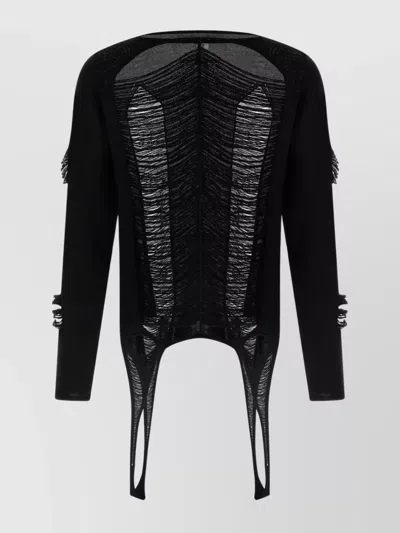 Rick Owens Fringed Longline Sweater Sheer Panels In Black